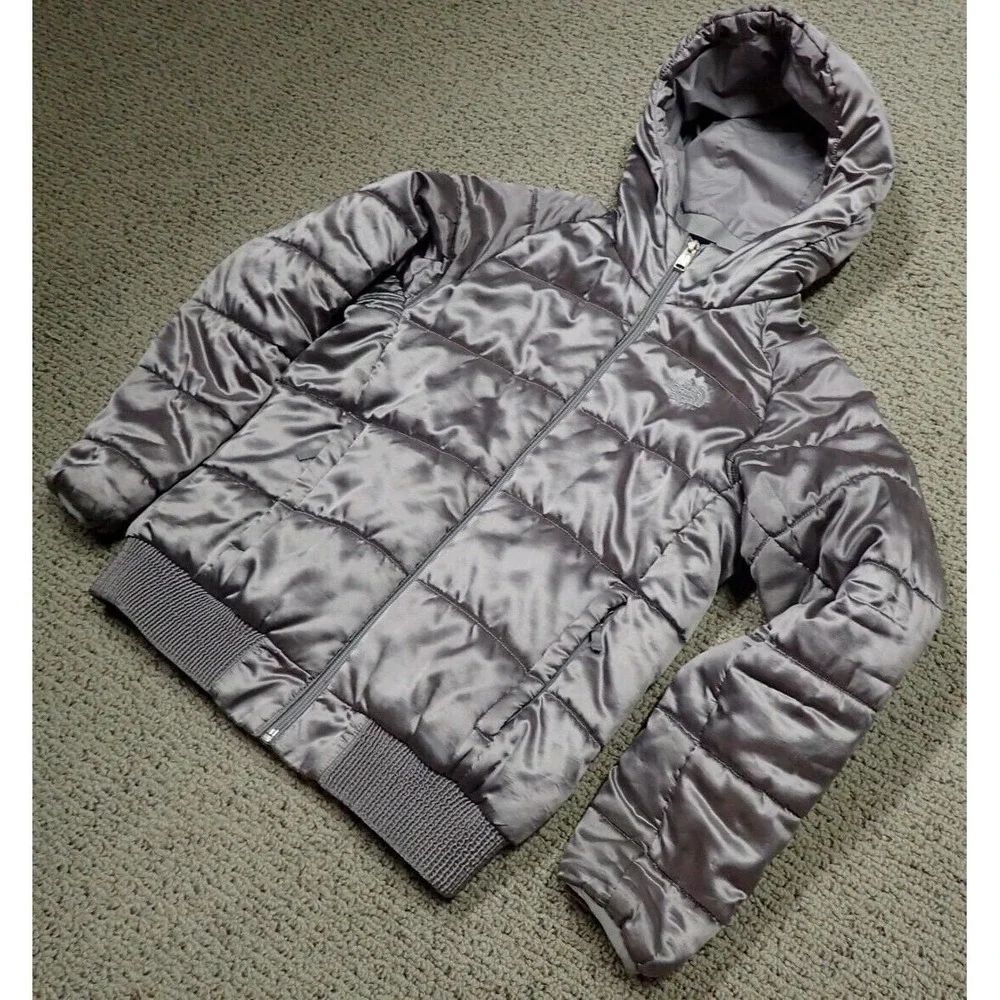The North Face Puffer Jacket Girls Large 14/16 Silver Good Hooded Insulated Coat
